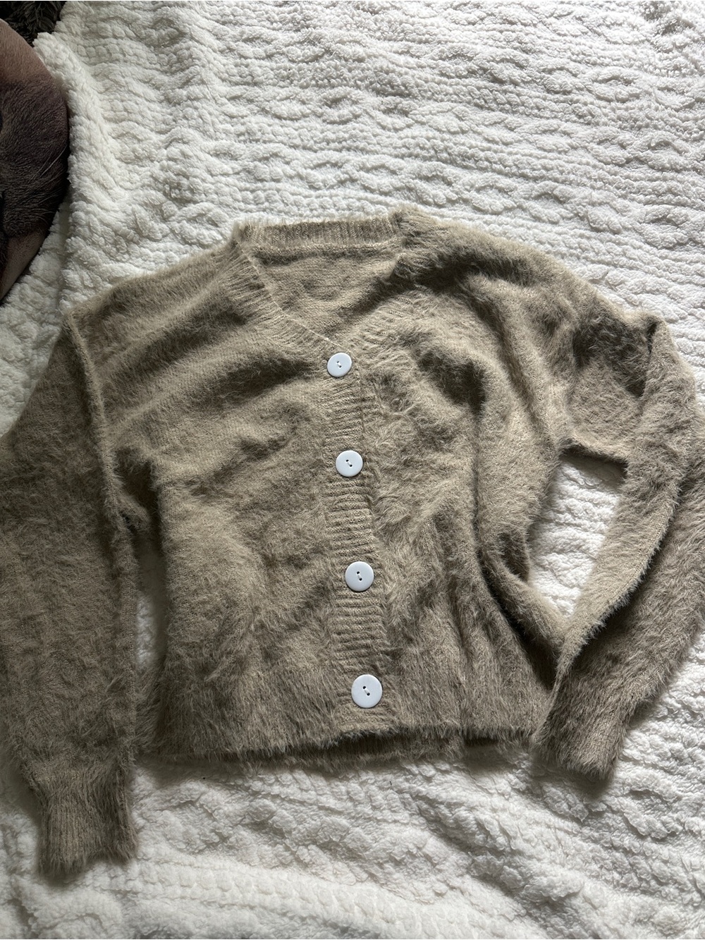 Fuzzy Button-Front Women's Sweater Cardigan - Taupe